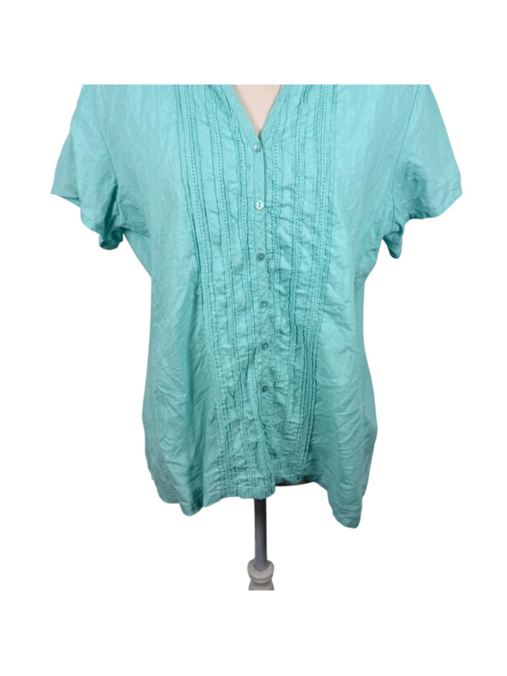 Eileen Fisher System Irish Linen Top Turquoise Pin Tuck Blouse Relaxed Size L - Picture 4 of 10